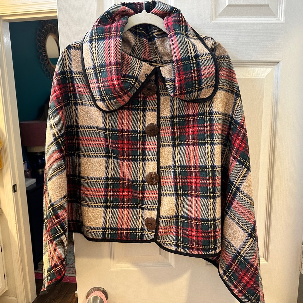 Plaid Cape with Button Closure